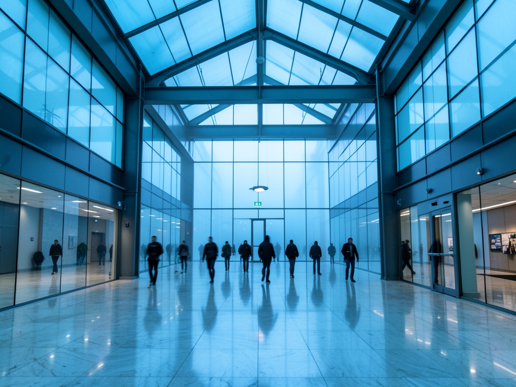 vast glass and steel atrium flooded with cool blue light