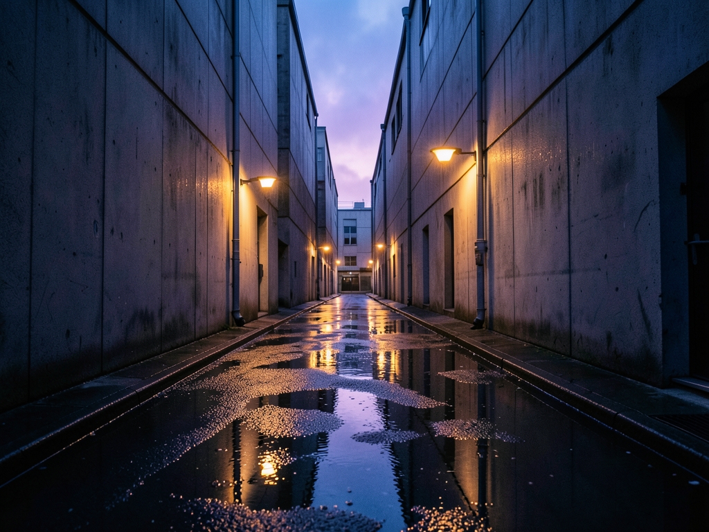 narrow rain slicked alley between concrete warehouses dusk amber