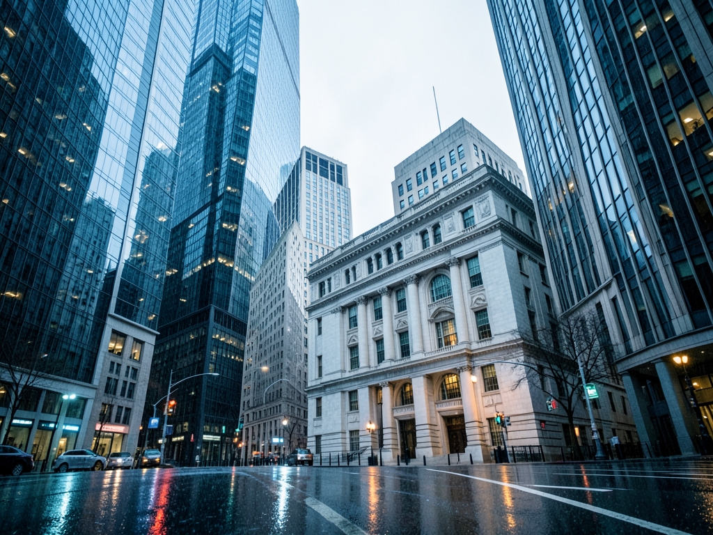 Rain slicked Manhattan streets between glass corporate towers pale