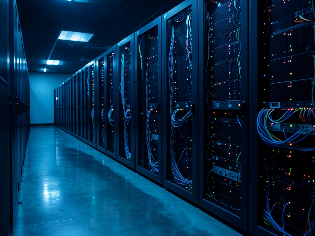 dimly server room bathed cold blue light with