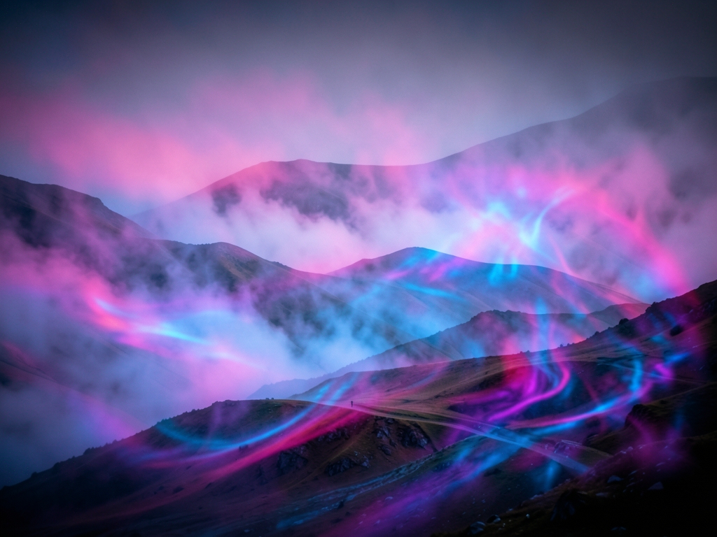 abstract landscape swirling spectral colors dissolving into fog