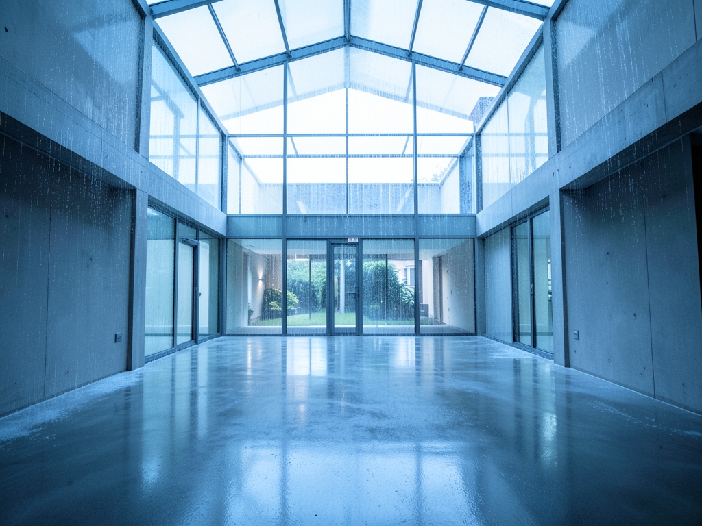 vast glass atrium flooded with cool morning light