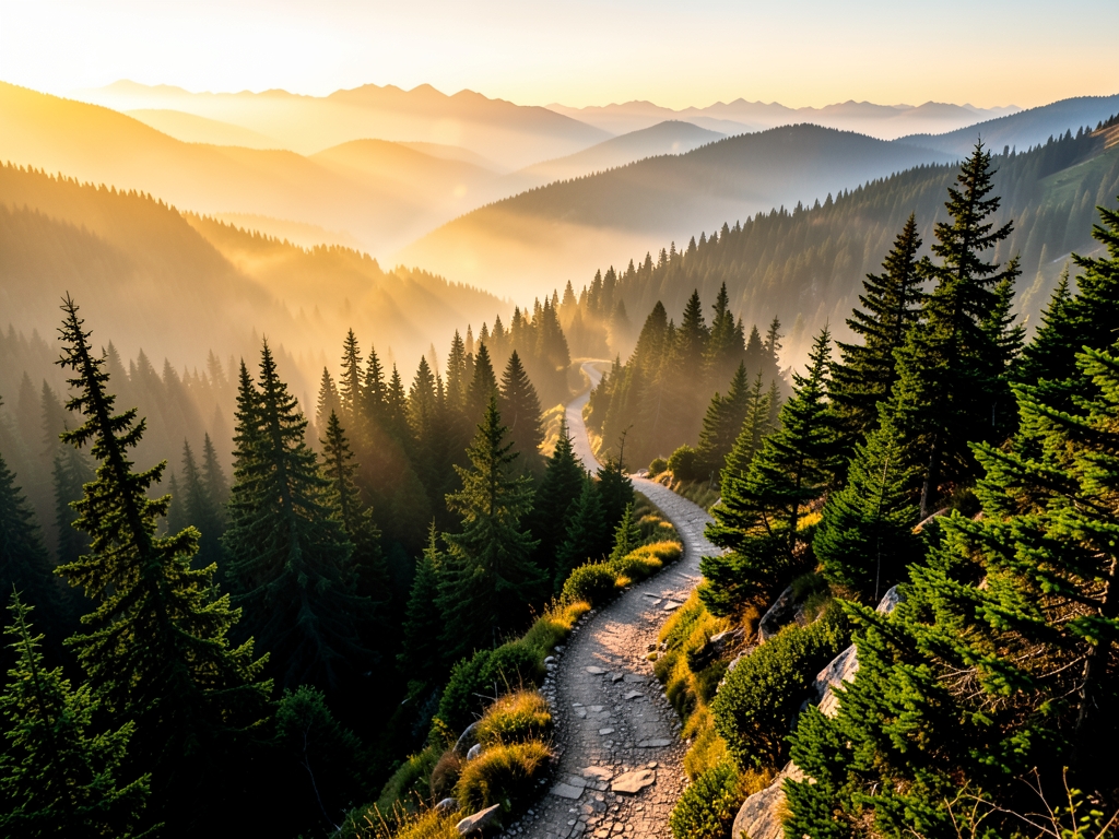 winding mountain path golden hour rolling through pine