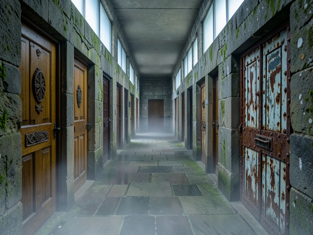 long stone corridor with mismatched doors rusted iron