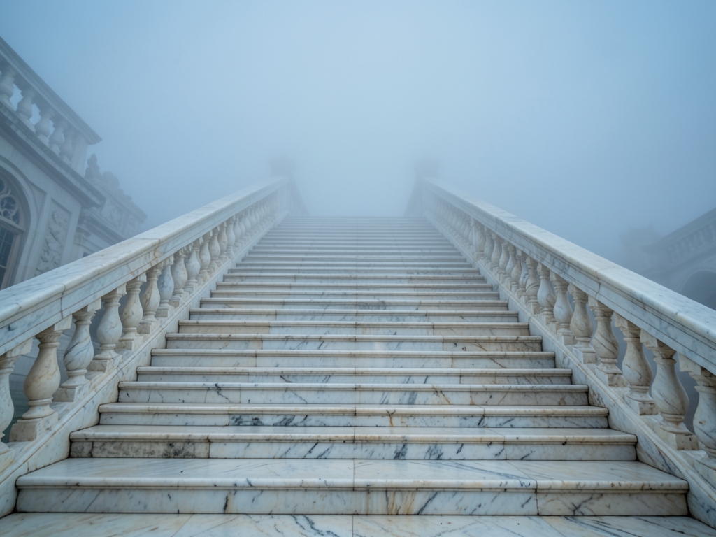 vast marble staircase climbing into fog each step