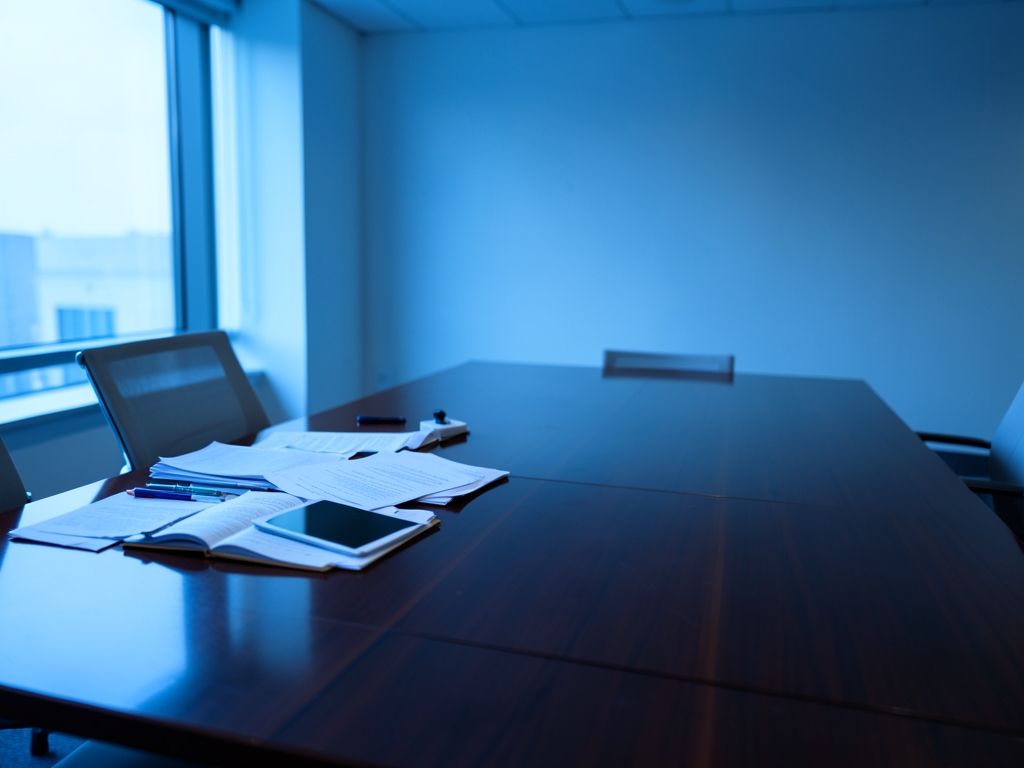 sleek minimalist conference room bathed cool blue morning