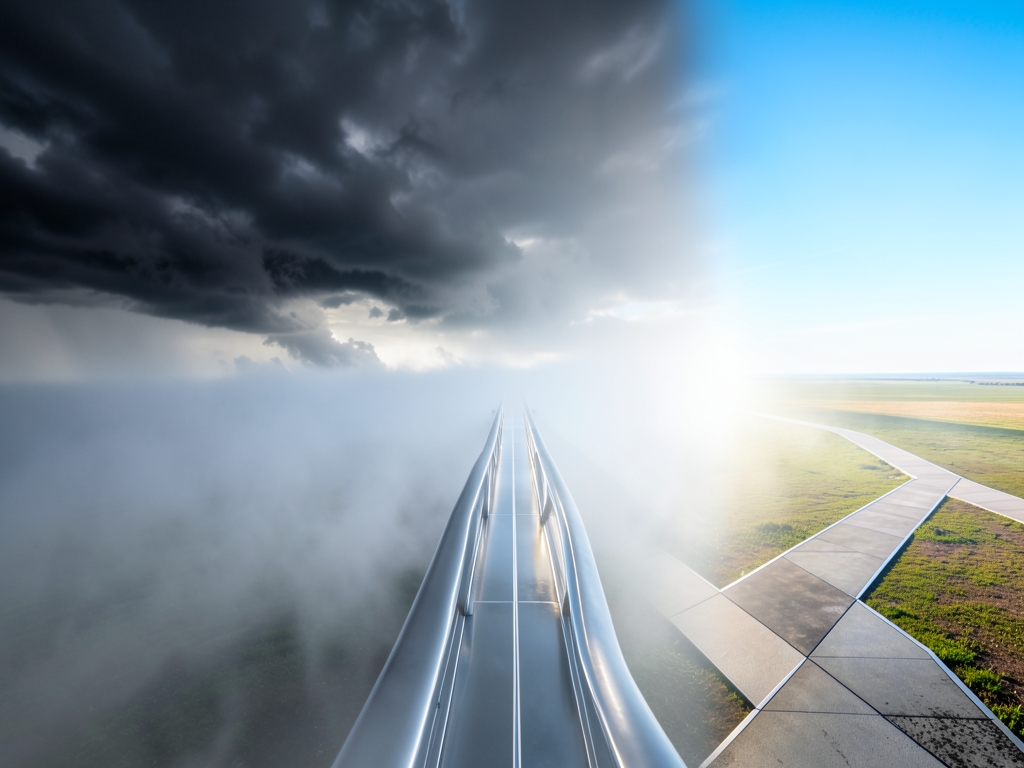 vast foggy landscape split glowing digital bridge with
