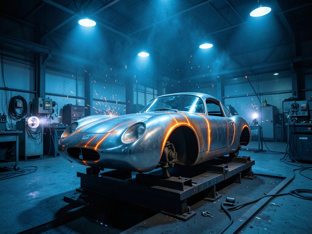 Sparks drifting through industrial fabrication hall where bare