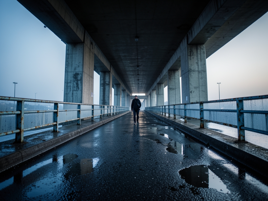 lone commuter traversing concrete pedestrian underpass beneath freeway