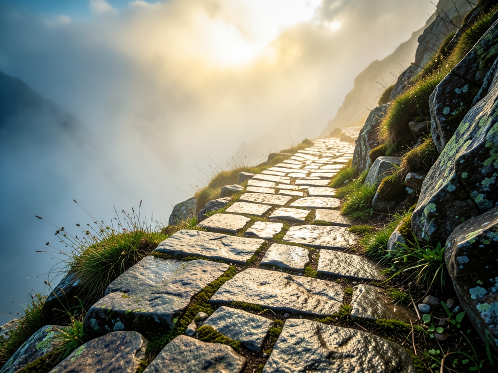 narrow stone path winding through misty mountain pass