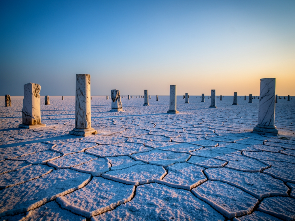 wide salt flat dusk with scattered weathered marble