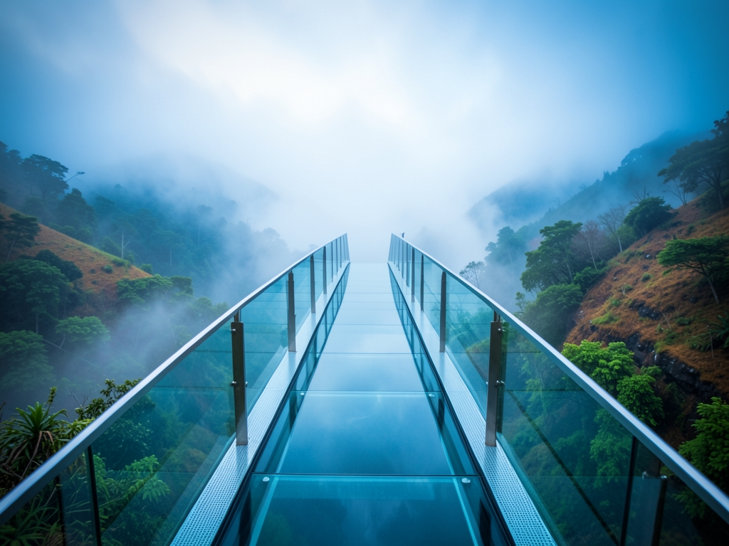 sleek glass bridge spanning misty valley diffused morning