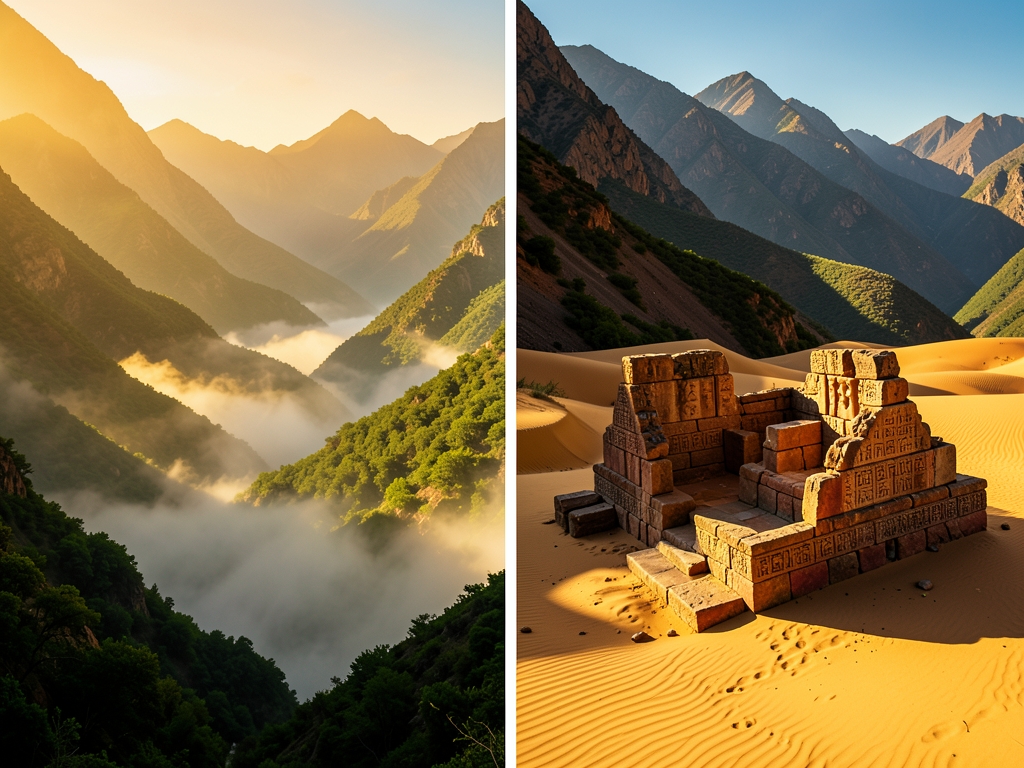 Golden hour light spilling over misty mountain valley