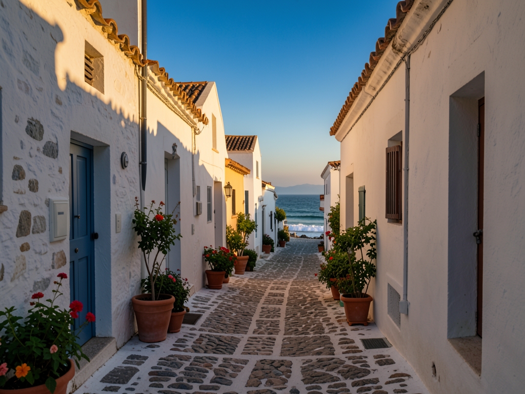 sun bleached Mediterranean coastal village golden hour whitewashed stone