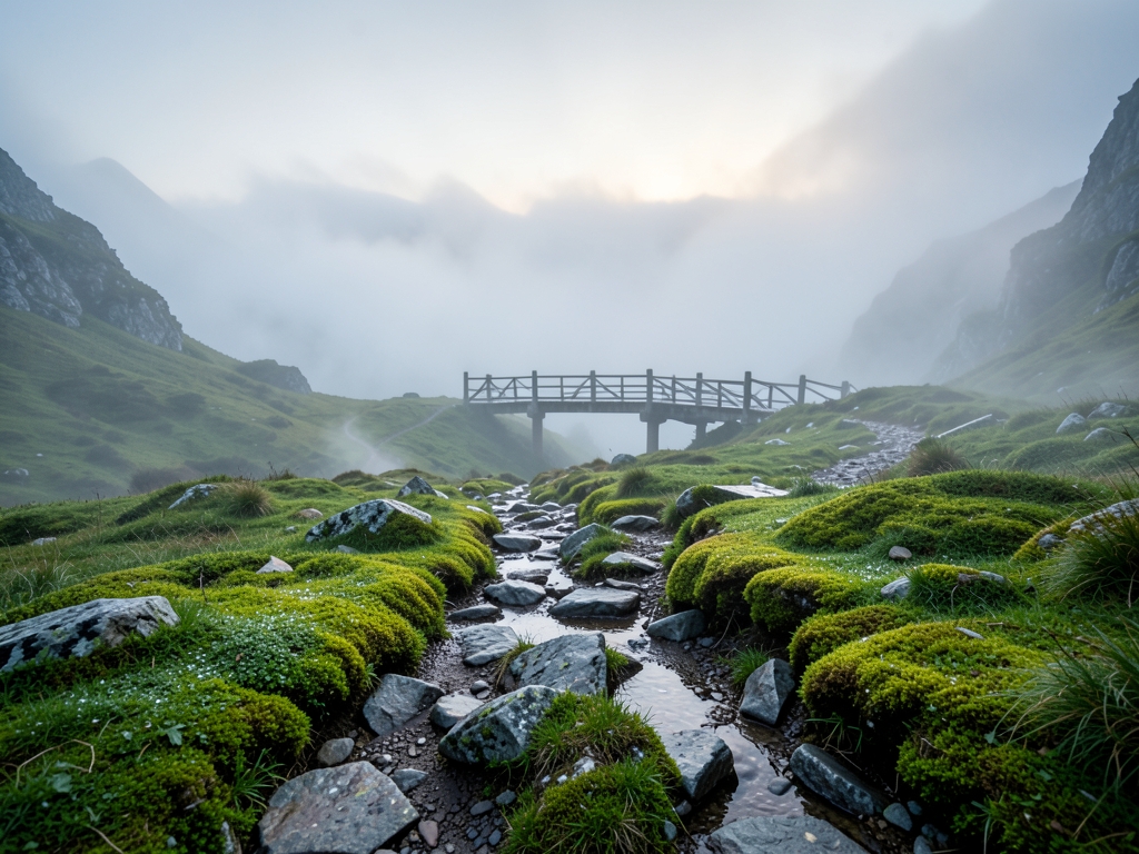 fog draped mountain trail dawn granite rocks moss covered ground