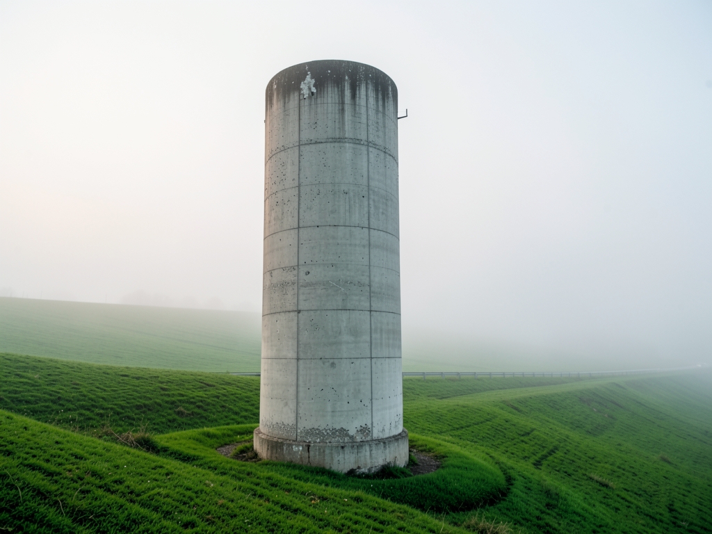 grey concrete tower standing amid flat green motorway