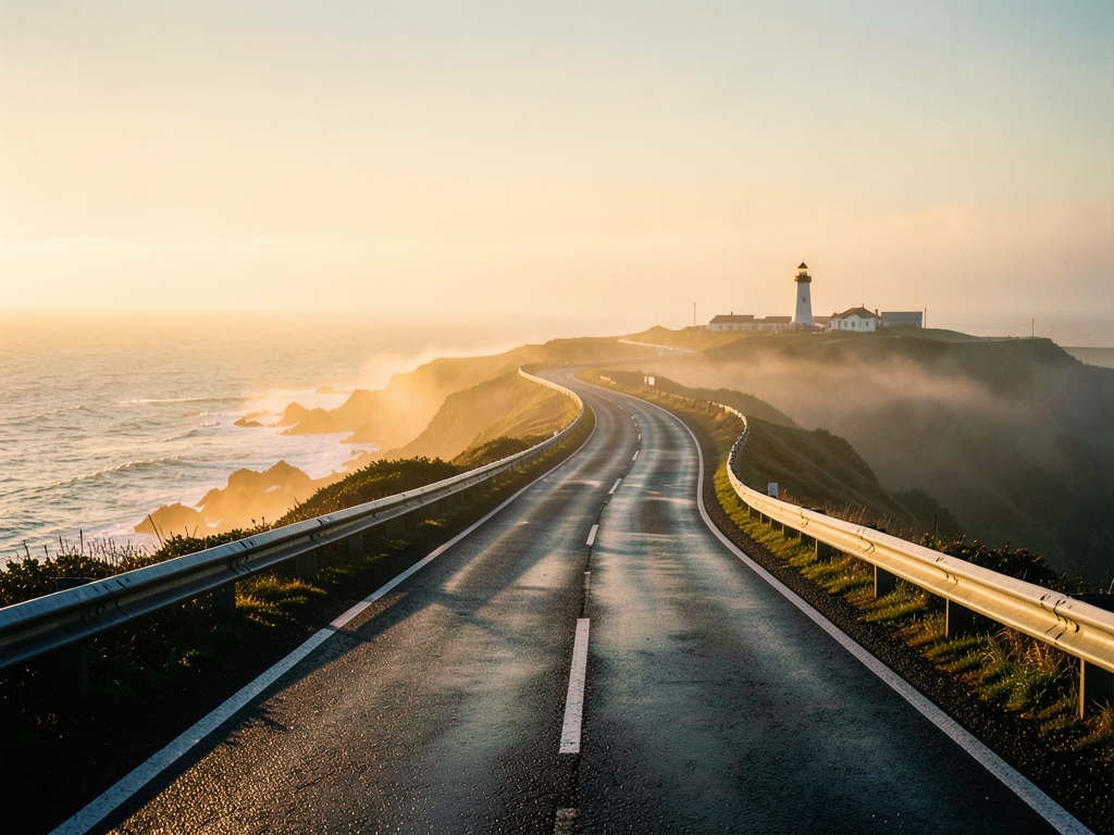 misty coastal highway stretching toward distant lighthouse golden