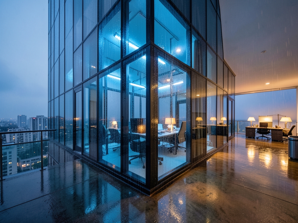 rain soaked glass tower dusk interior flooded with cool