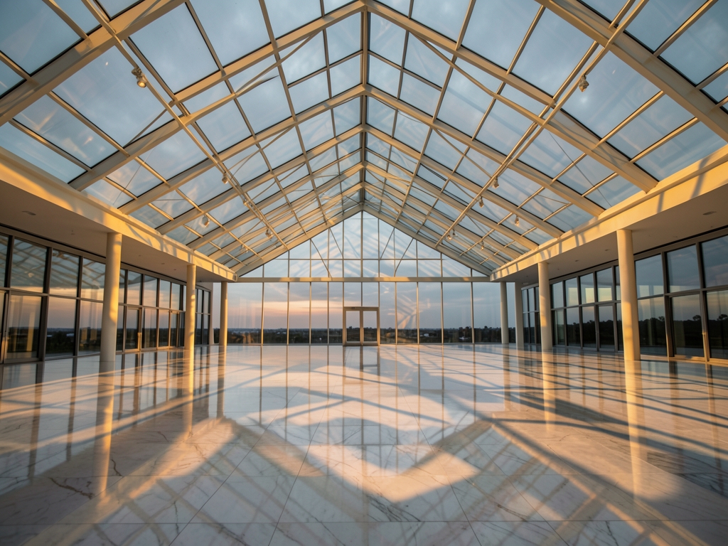 vast open plan event venue golden hour glass ceiling