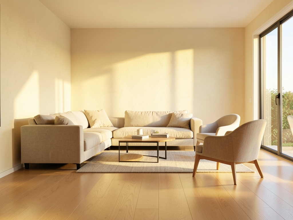 sunlit open plan living room with pale floors cream