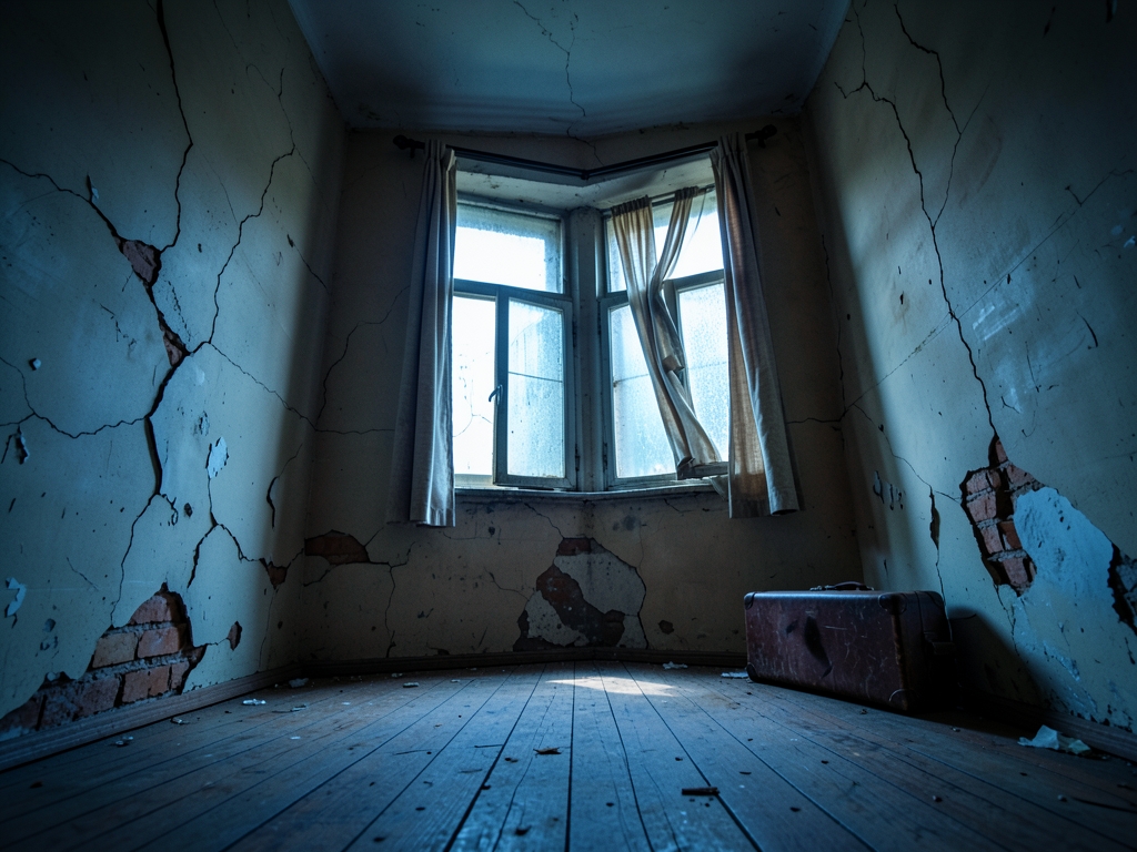 dim empty room with cracked plaster walls cold