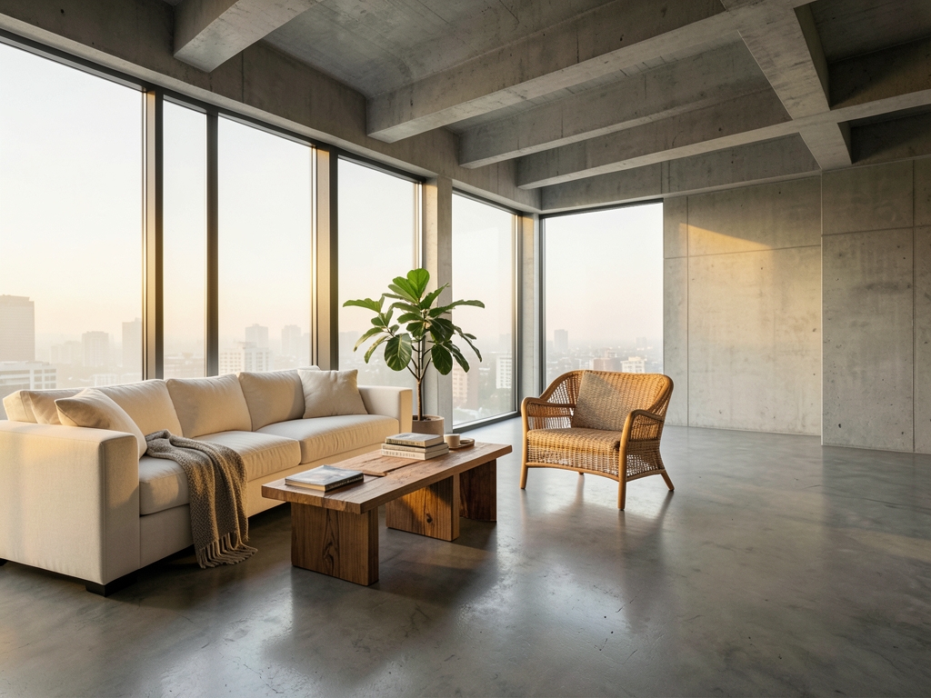 Sunlit minimalist loft with polished concrete floors floor to ceiling