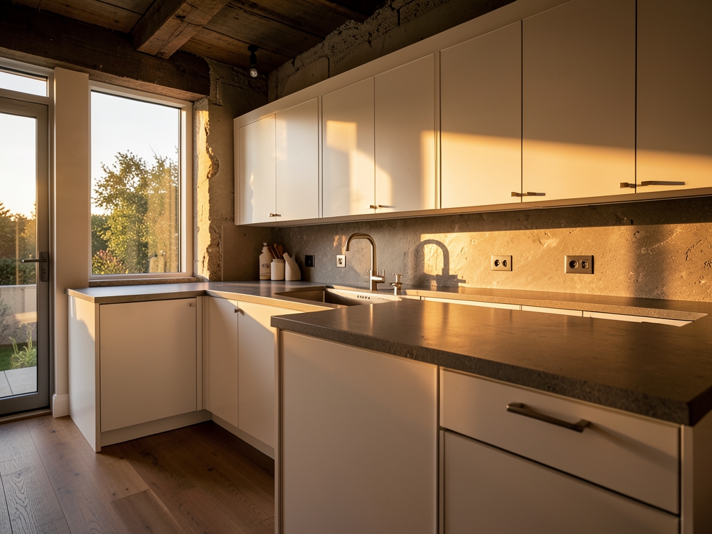 Modern open concept kitchen featuring matte stone countertops brushed