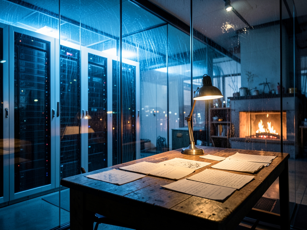 vast glass walled server room bathed cool blue light
