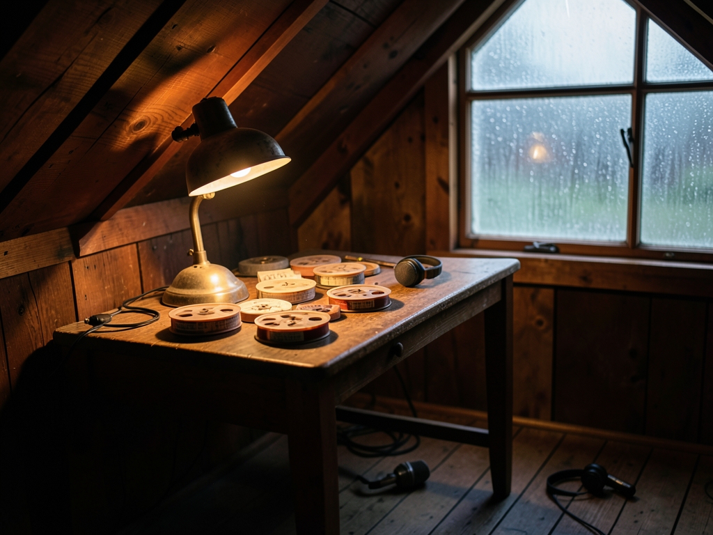 dimly wooden attic studio with warm amber light