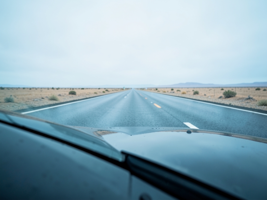 low angle view curved glass windshield under pale overcast