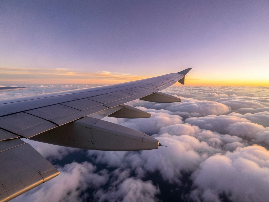 Airplane wing over vast layered clouds glowing warm