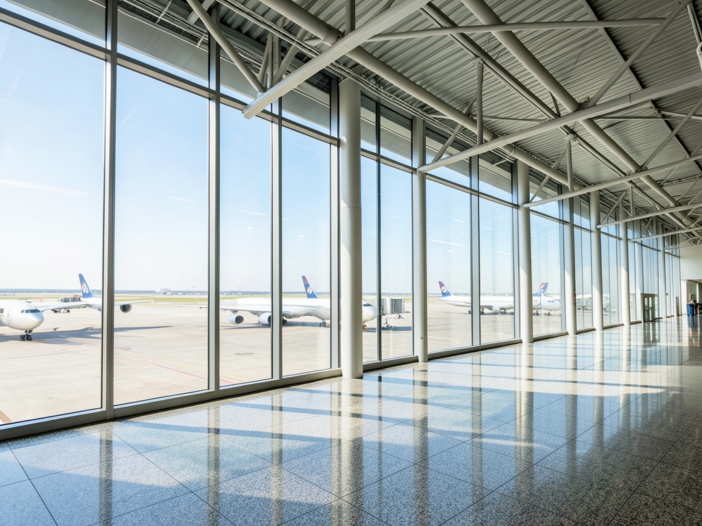 Sunlit airport terminal with tall glass walls polished