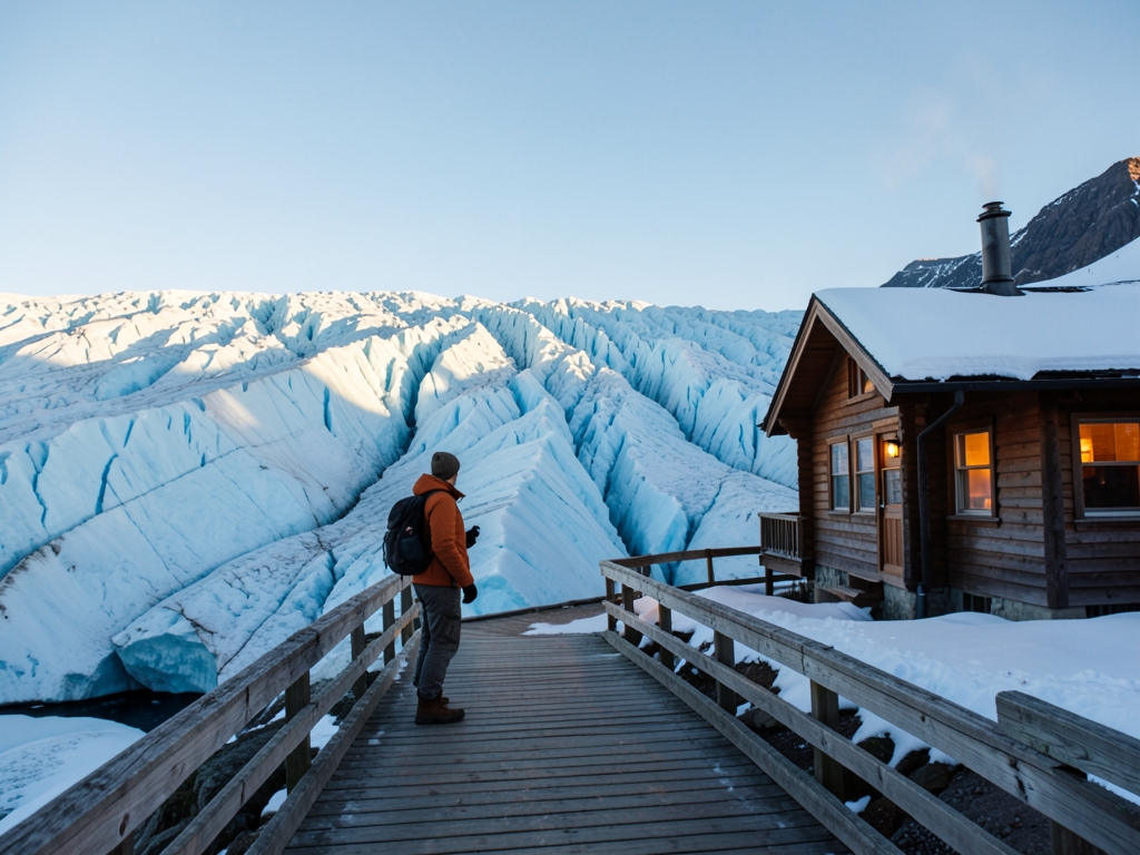 vast Alaskan glacier under pale blue winter sky