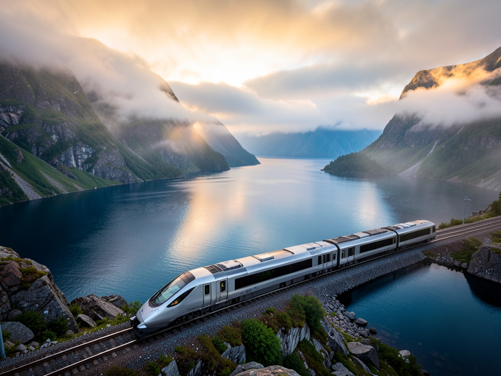 wide shot misty Alaska fjord golden hour sleek