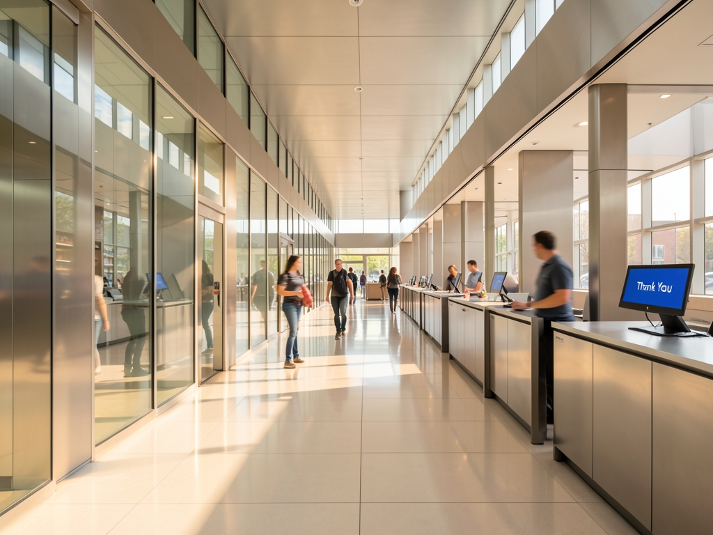 Sunlit modern retail checkout hall with diverging aisles