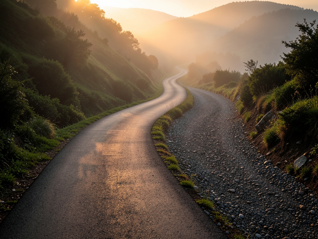Forked mountain trail dusk with smooth paved path