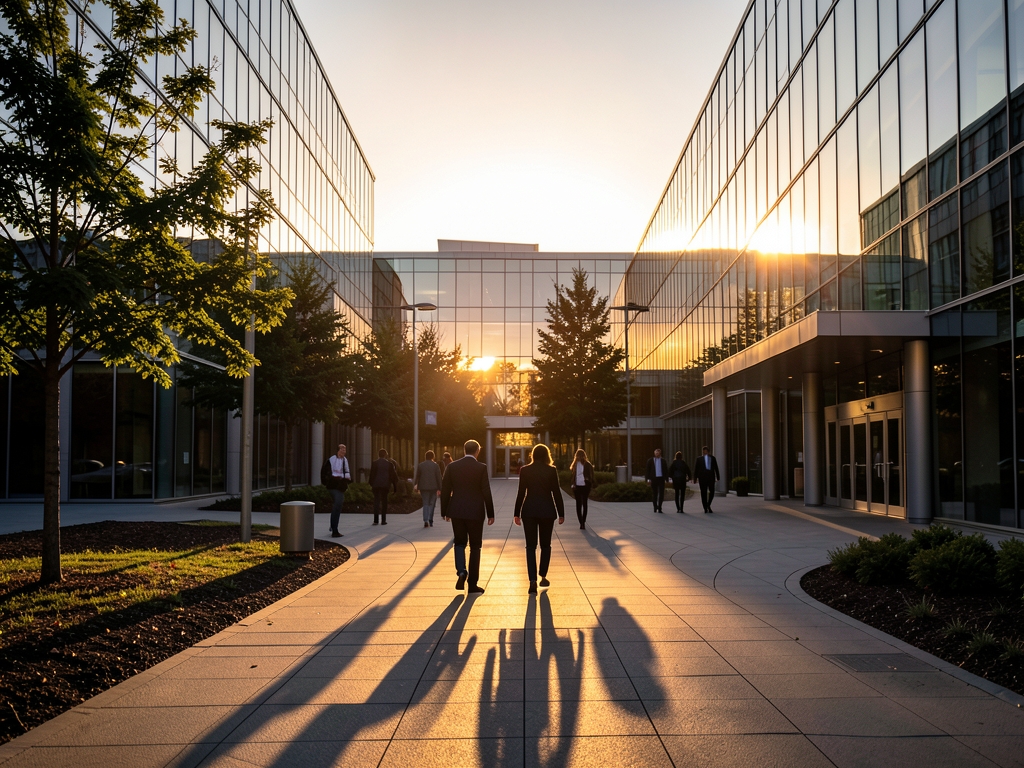 Sunset light glows through glass facade modern corporate