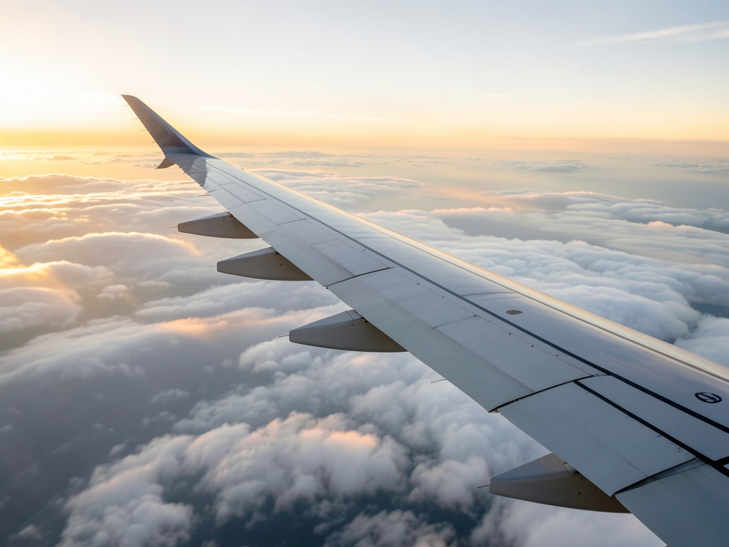 Commercial airplane wing above vast layered clouds golden