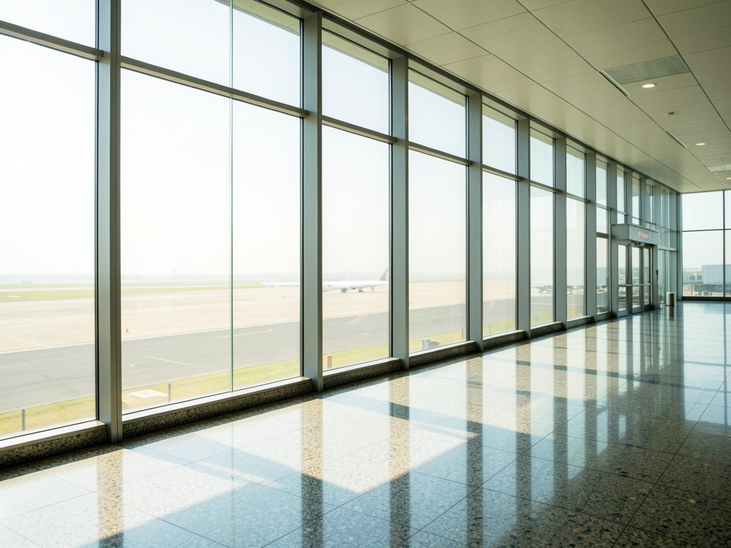 Sunlit empty airport terminal with floor to ceiling glass polished
