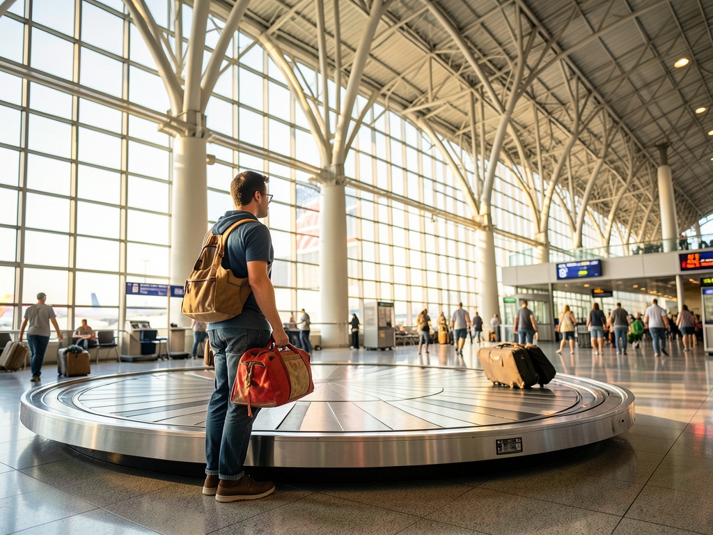 lone traveler crosses bright American airport terminal beneath