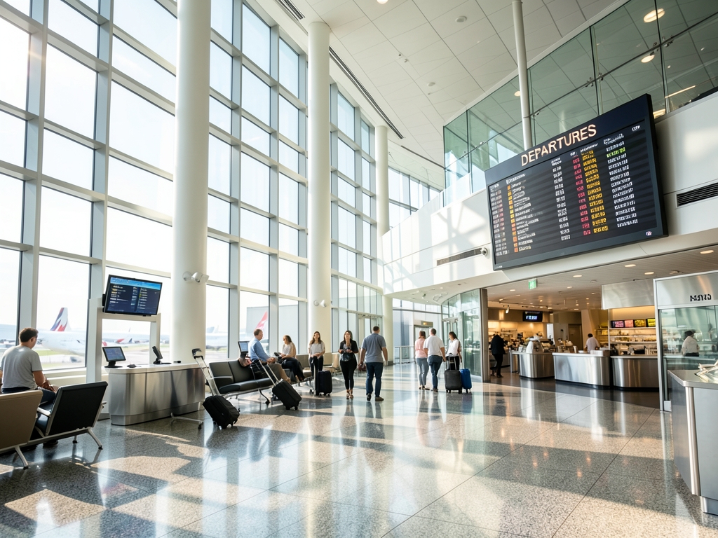 Sun drenched modern airport terminal interior with soaring glass