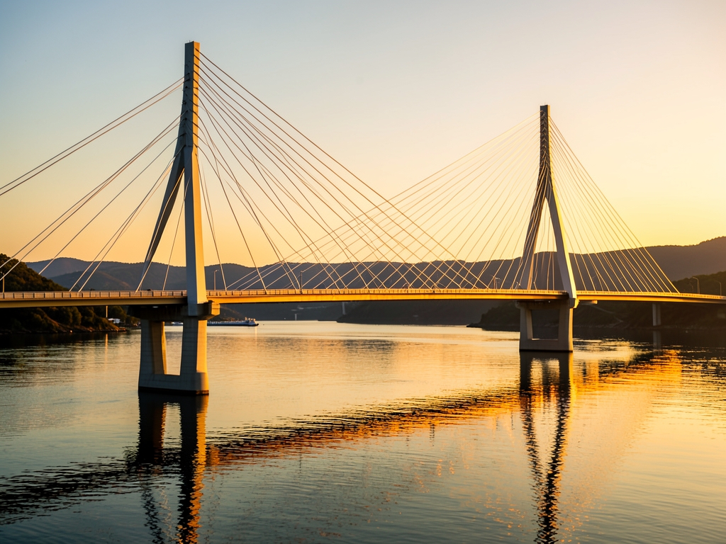 Golden hour landscape featuring balanced suspension bridge over