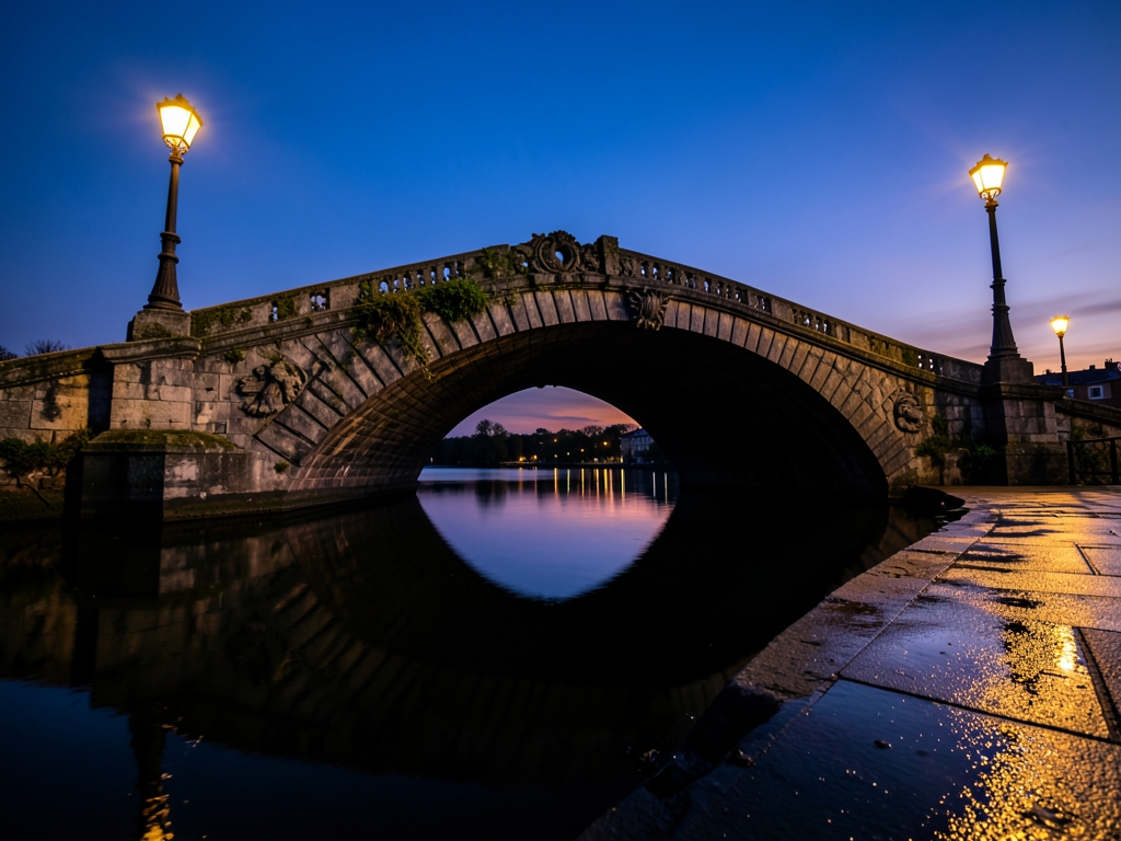 Moody twilight view classic arched stone bridge spanning