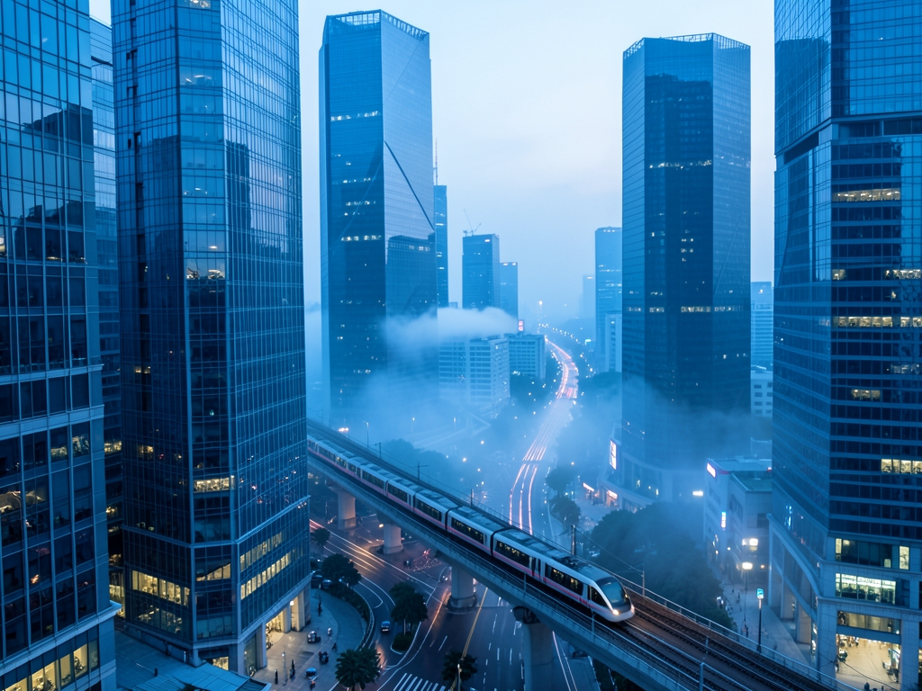 Dawn over glass and steel APAC financial district mist lifting