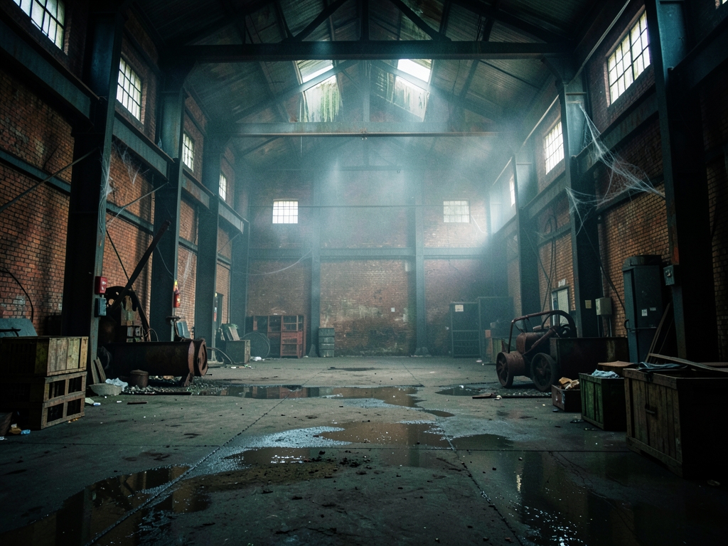 Prompt Dimly humid warehouse