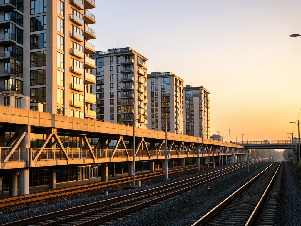 Modern mid rise apartment buildings beside elevated railway tracks