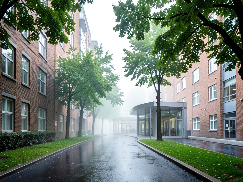 Tree lined walkway leading toward modern transit station between