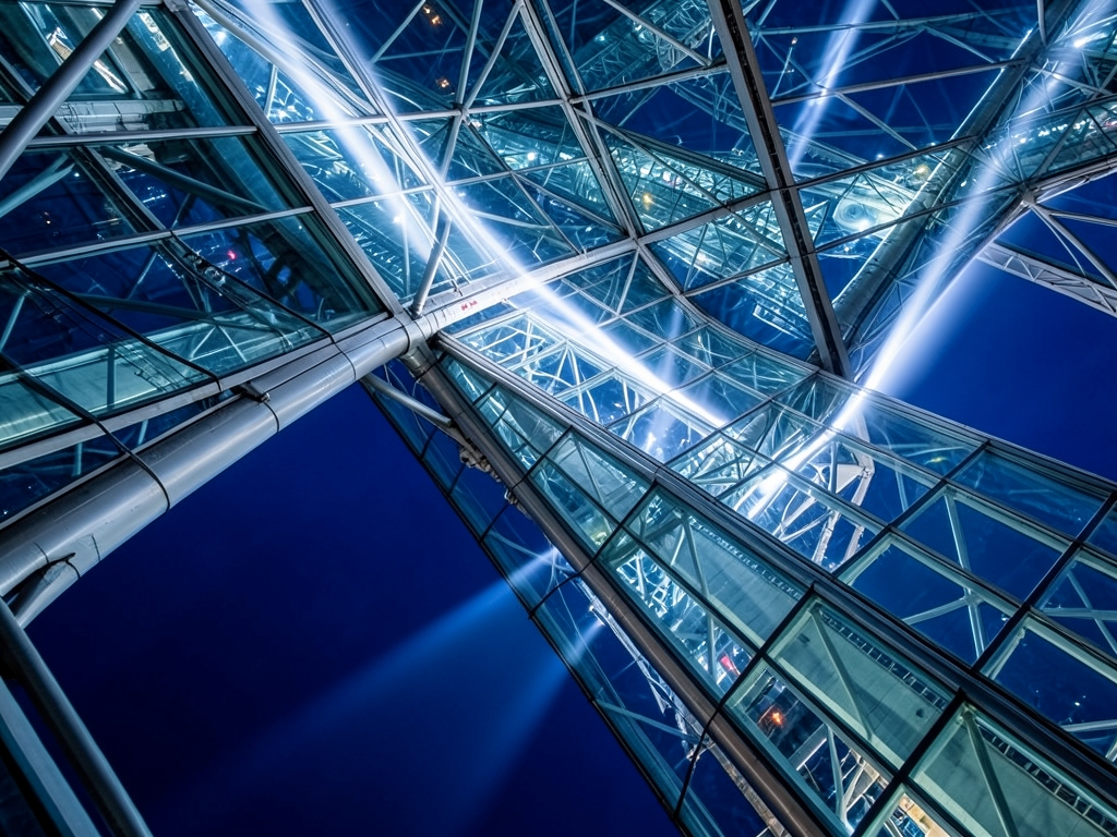vast architectural landscape interlocking glass bridges metallic frameworks
