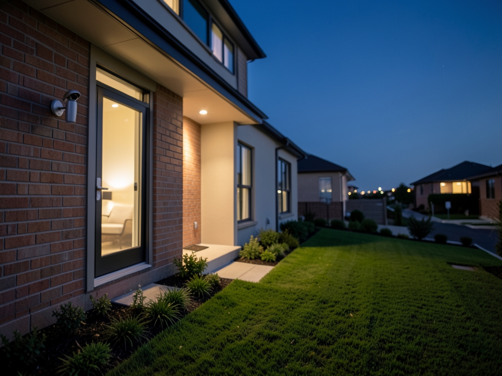 Modern suburban home exterior twilight sleek security camera