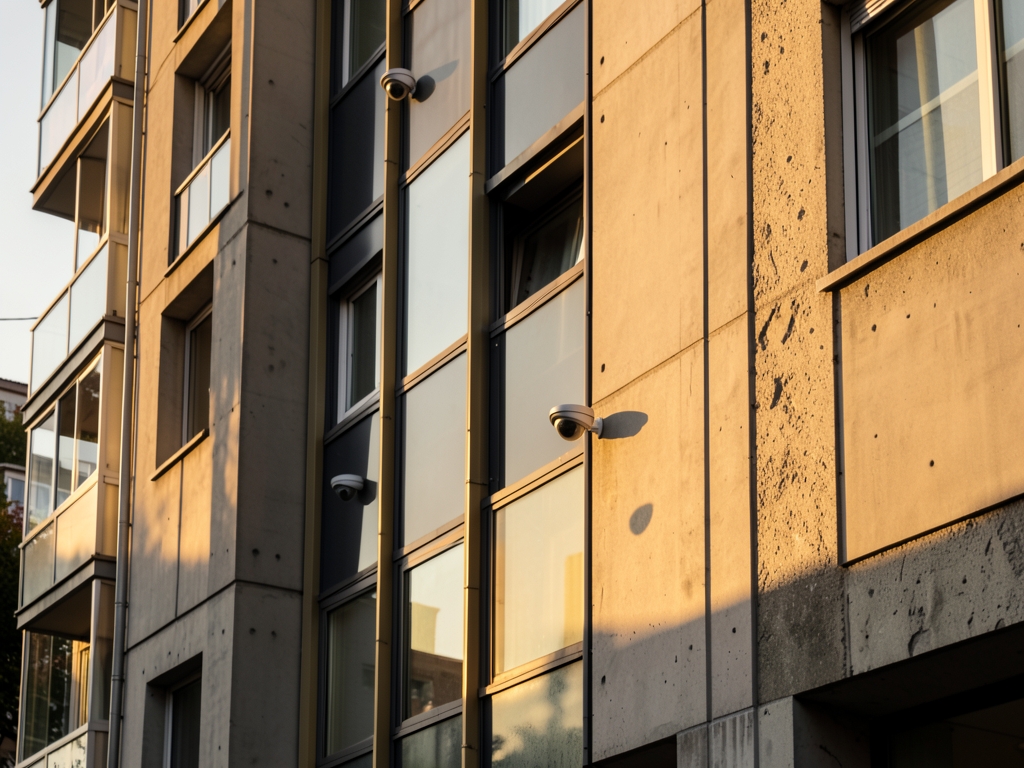 Urban apartment building facade during golden hour multiple